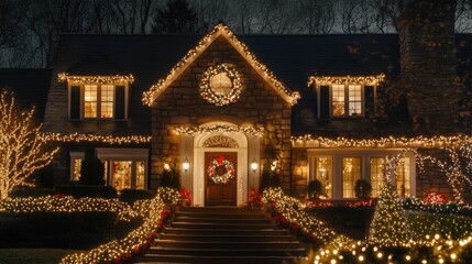 Holiday themed house adorned with garland lights embracing the festive spirit of the season