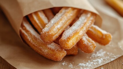 Freshly made traditional churros dusted with powdered sugar presented in a paper bag Close up of hot crispy sticks