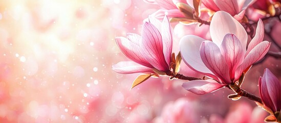 Blossoming Of Magnolia Pink Flower With Leaves In Spring Time Floral Seasonal Background