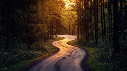 Obraz premium Winding road through a forest during sunset