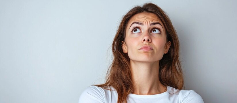 Confusion Grimacing Brunette Woman Thinking And Looking Up In White T Shirt On White Copy Space Background