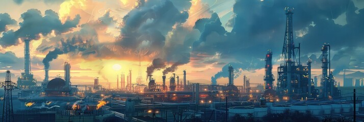 Fototapeta premium Energy Gas Industry Overview: Oil and Natural Gas Refinery at Dusk in Asia