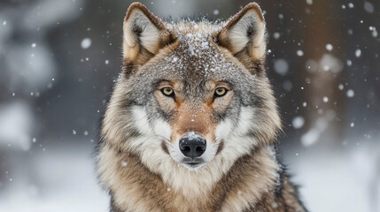 Naklejka premium Close-Up of Gray Wolf in Falling Snow
