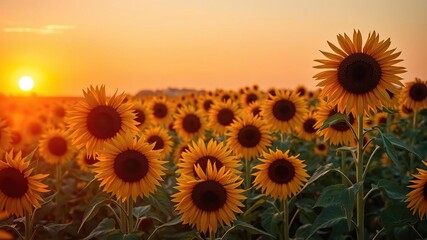 Fototapeta premium Vibrant field of sunflowers illuminated by the golden glow of sunset, sunflowers, tranquil, landscape
