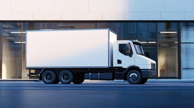 White delivery truck mock up positioned outside a commercial structure