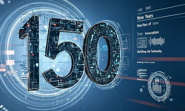 3D Render of 150 in a Digital Style with Tech-Related Text