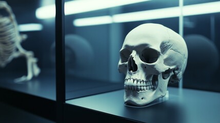 A detailed view of a human skull displayed in a modern glass case, emphasizing anatomy and scientific research.