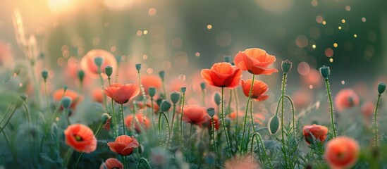 Fototapeta premium Red Poppy Flowers Field Close Up Early In The Morning