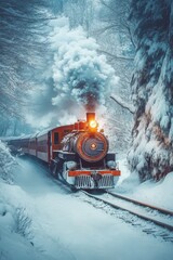 A train is traveling through a snowy landscape