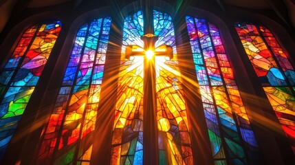 Stained glass window featuring a Christian cross representing religious faith and hope with colorful rays of sunlight illuminating the scene