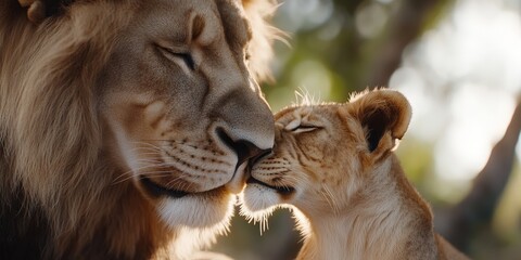 Lion and Cub Nurturing Moment  Wildlife Photography  African Savanna   Close Up