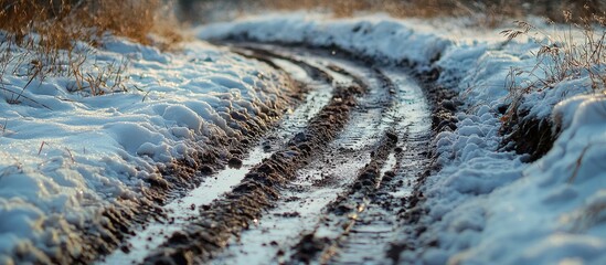 Closeup View Of The Snowy Dirty Road In Natural Park
