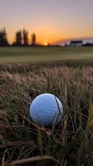 A close-up of a golf ball in rough grass, with a colorful sunrise in the background. in the rough
