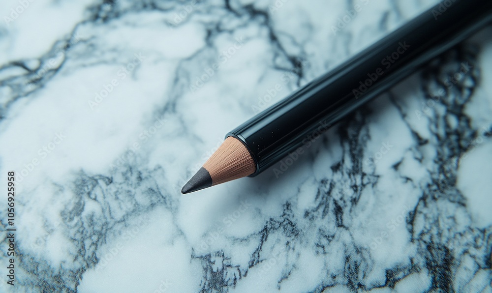 Poster a close-up of a black pencil with a sharpened point lying on a white marble surface.