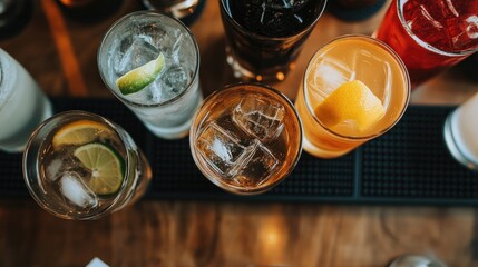 Top view of assorted cocktail drinks on a bar counter featuring a lineup of gin and vodka shots