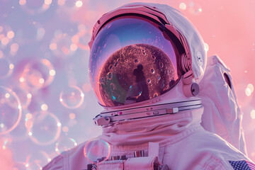 Glamorous astronaut in space with moon reflection on helmet, fantasy artwork in a pink cosmic retro scene, Generative AI