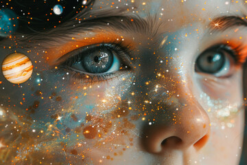 Child gazing at the cosmos in a retro-style space artwork collage, Generative AI blending imagination and wonder