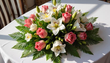 Elegant floral arrangement featuring pink roses and white lilies with lush green ferns, a bouquet of flowers on the table