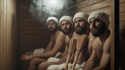 Obraz premium Four bearded men sit in a steam room, each holding a broom