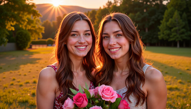 Two smiling young women holding a bouquet of roses at sunset in a beautiful park