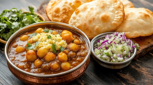 Indian chole bhature served with puri masala and salad
