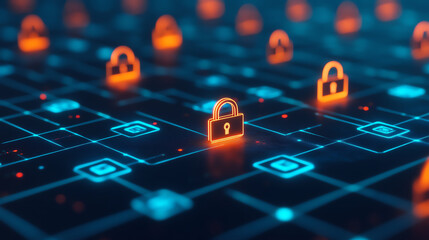 Digital security illustration featuring glowing padlocks on a network grid, symbolizing cybersecurity and data protection.