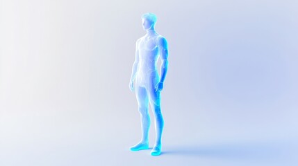 A futuristic, translucent humanoid figure stands gracefully against a soft gradient background, embodying modern conceptual art.
