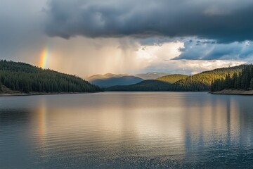 Fototapeta premium A beautiful lake with a rainbow in the sky