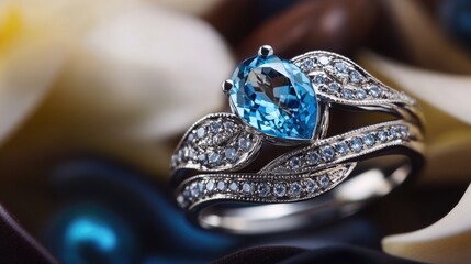 Naklejka premium A stunning ring set featuring blue topaz and diamonds showcasing an elegant and eye catching design