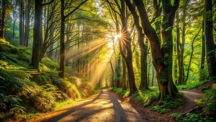 Obraz premium Winding forest trail with sunlight filtering through canopy above, terrain, path, wilderness, woodlands, nature
