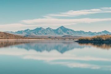 A beautiful mountain range is reflected in the calm waters of a lake