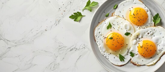 Delicious Breakfast With Fried Eggs Served On Table Top View Space For Text