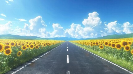Endless Road Through a Sunflower Field Under a Bright Blue Sky