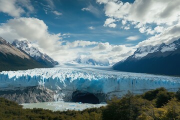 A large glacier is surrounded by mountains and trees