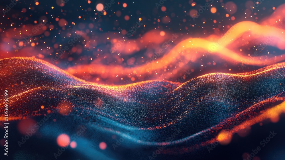 Poster A captivating abstract background showcasing vibrant energy and the dynamic movement of technological particles within a digital landscape