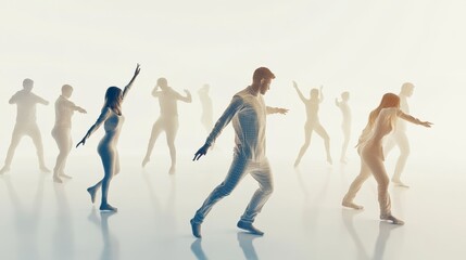 Obraz premium A group of dancers express movement and emotion in a foggy environment, showcasing fluidity and grace in their performance.