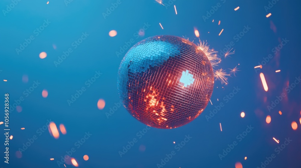 Poster disco mirror ball with wick and sparks against a blue background representing a dynamic creative ide