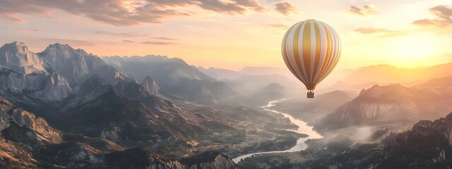 Fototapeta premium A hot air balloon floating above the breathtaking mountains of Dagestan, overlooking the winding Blue Lake and dramatic sky