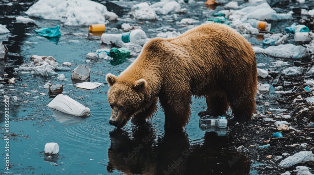 Wall mural A Brown Bear Drinks from a Polluted Water Source