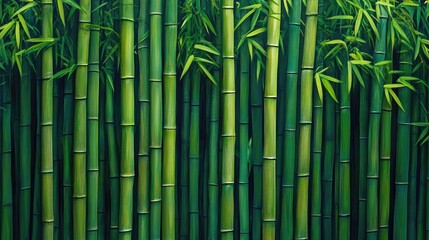 Obraz premium Bamboo thicket featuring a stockade of trunks and lush green foliage as a backdrop or texture
