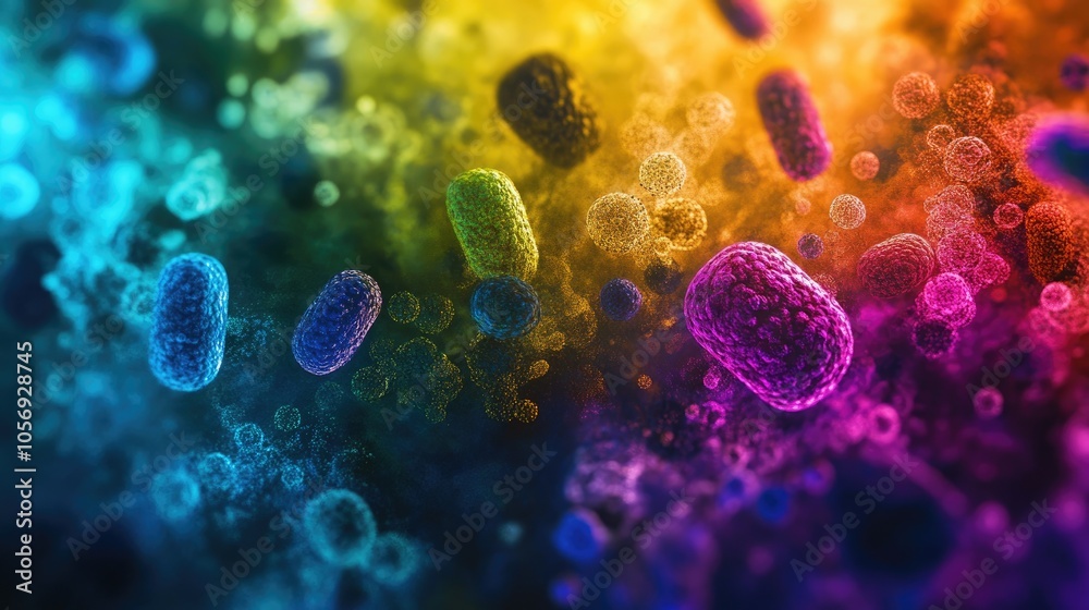 Poster Vibrant abstract backdrop displaying a variety of microorganisms and bacteria as seen through a microscope highlighting a rich spectrum of colors