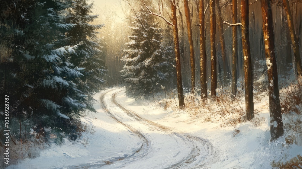 Aufkleber a winding snowy path bordered by tall trees evokes a peaceful ambiance with gentle light ahead sugge