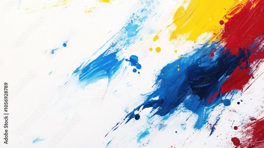 Poster acrylic paint background banner featuring abstract strokes and splash stains of blue red and yellow 