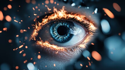 A surreal, abstract portal composed of glowing, digital fire, representing a powerful firewall, with a human eye peering through, symbolizing a vision of security.