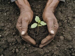 Hands planting a small tree in rich soil, symbolizing growth and environmental care.