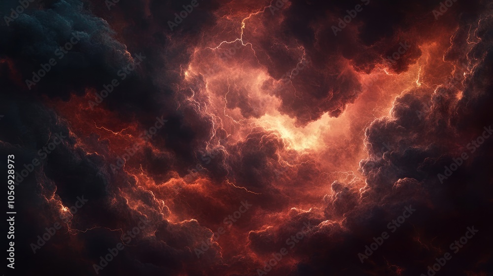 Aufkleber Mahogany sky filled with clouds features a storm with wind and rain Dramatic dark backdrop with glowing light and lightning creates a magical mystical and eerie atmosphere