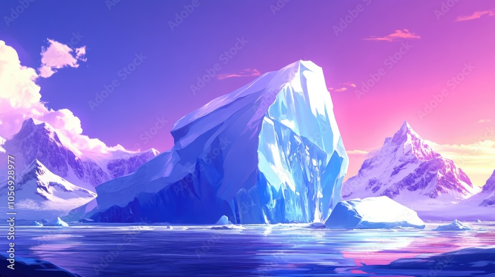 Poster a digital illustration of an enormous iceberg with towering mountains in the background