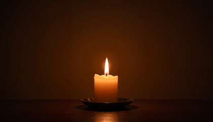 Single Burning Candle on Plate Against Dark Background