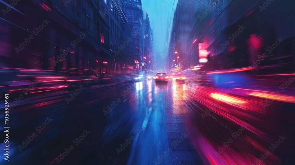 Poster street road with motion blur in an evening scene conveying the concept of transportation in a mixed 
