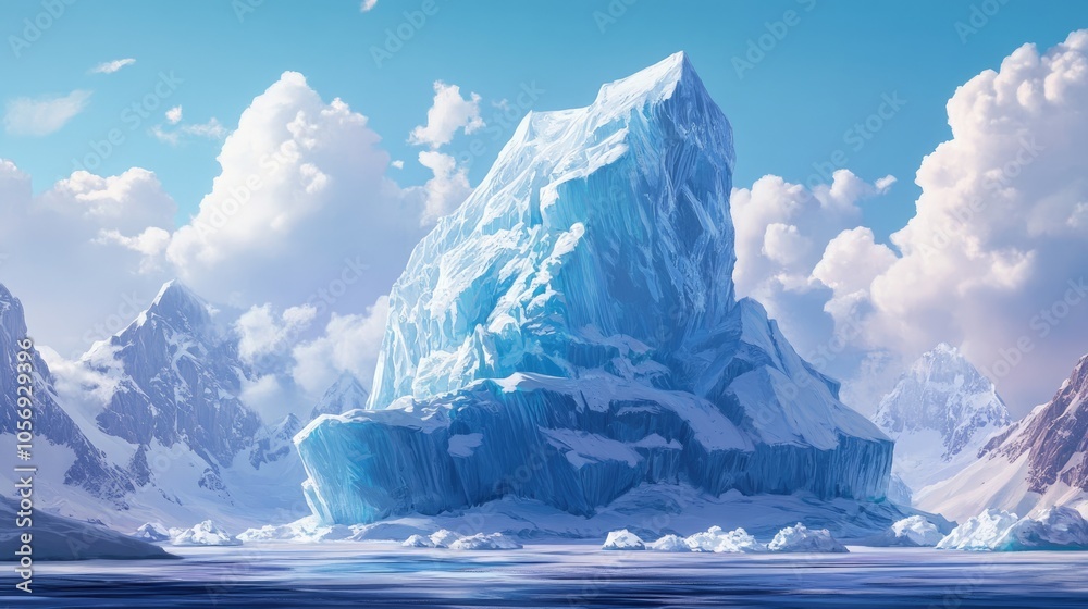 Poster a digital illustration of an enormous iceberg with towering mountains in the background